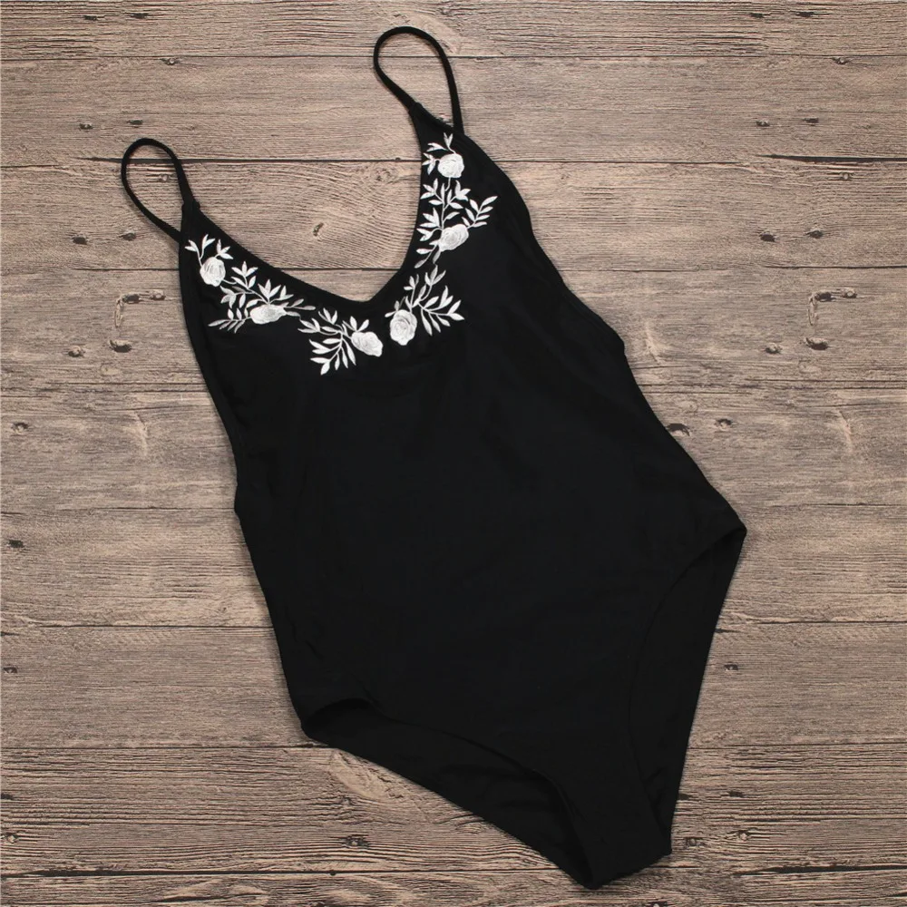

Embroidery Swimsuit One Piece Swimsuit Floral Printing Swimwear Black Bathing Suit Push Up Halter V Neck Beachwear Drop Shipping