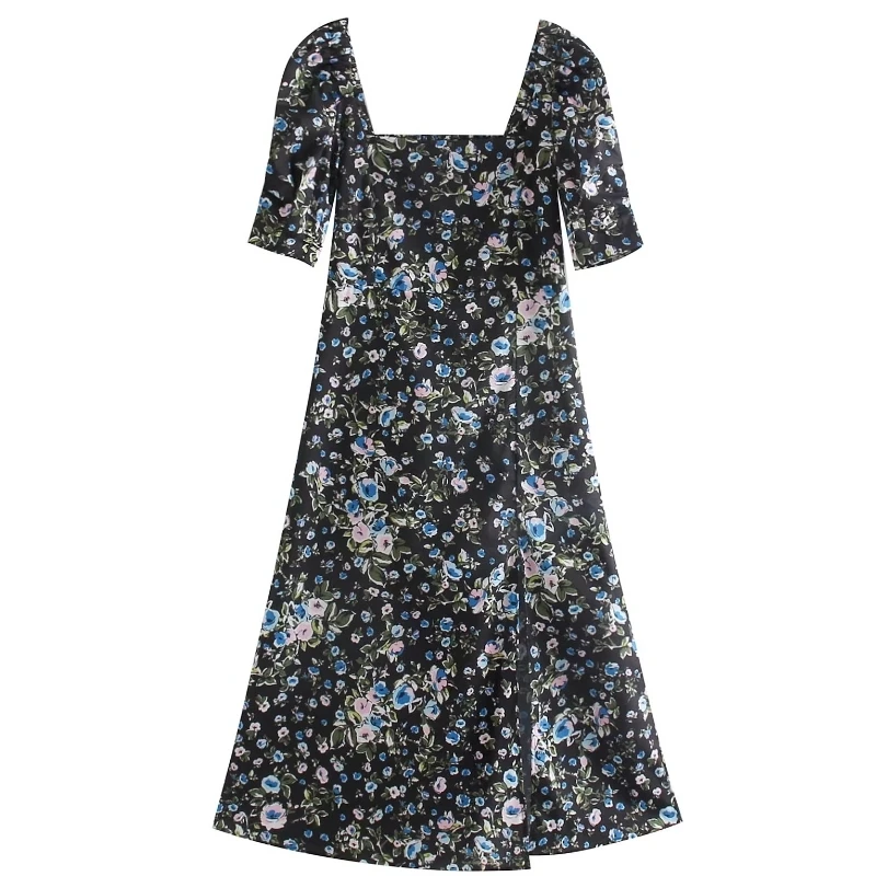 

2019 new women vintage square collar flower print casual slim midi dress female elegant split back elastic party dresses DS2333