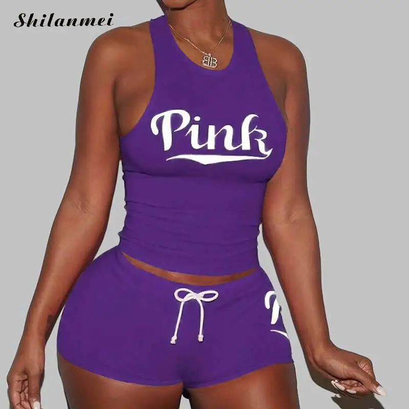Розовый женский комплект 2 шт. с буквенным принтом летний спортивный костюм больших размеров из двух предметов XXXL топ без рукавов и шорты Повседневная черная одежда - Цвет: purple