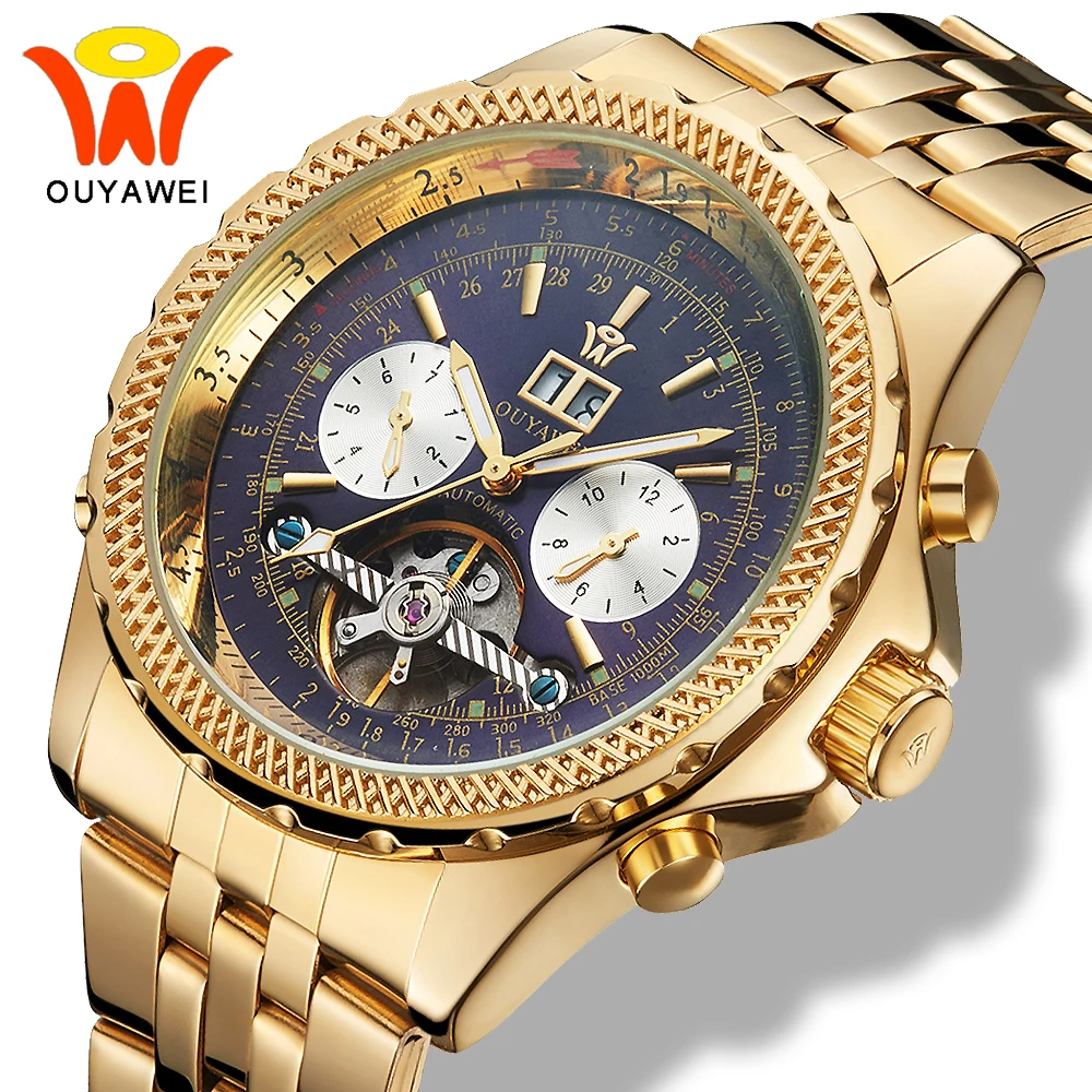 Ouyawei Tourbillon день дата металлические браслеты часы Мужские механические