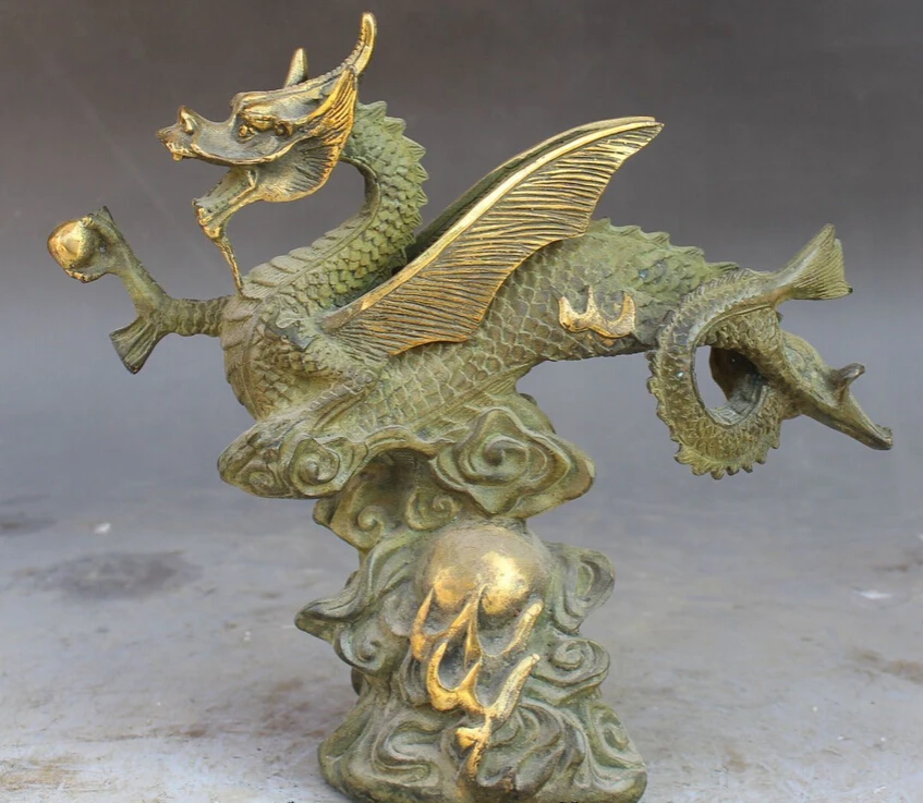 

zhaorui88K623<<<9" Chinese Bronze Zodiac Year Fly Dragon Playing With Pearl Animal Statue