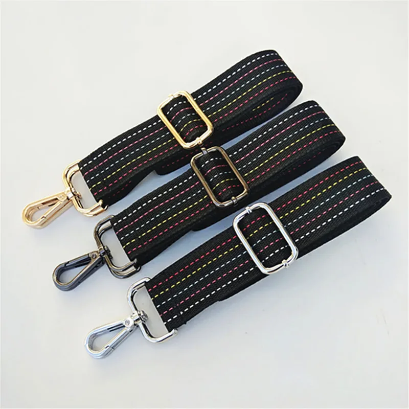 Adjustable Women Bag Strap Trendy Stripe Design Gold Gun Silver Buckle Lady Shoulder Straps Release Elastic Black Bag Belts