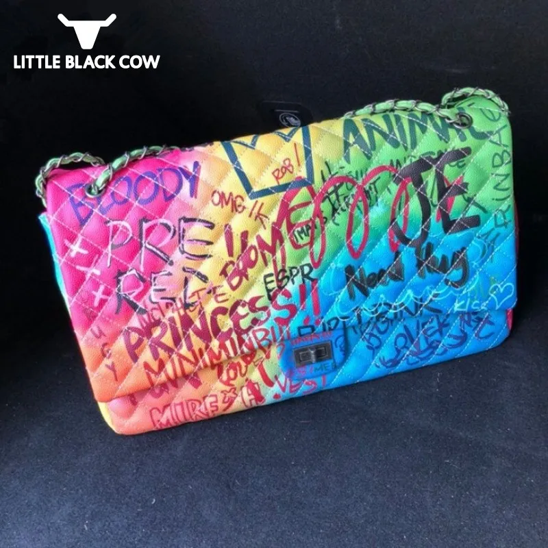 

Luxury Travel Handbags Bags Women Designer 2019 New Moto Chains Shoulder Fashion Crossbody Bag Graffiti Print Large Bolsos Mujer