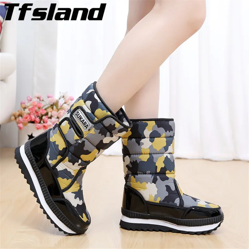 

Tfsland Women Waterproof Colorful Camouflage Knee-high Snow Boots Winter Warm Thick Wool Sneakers Outdoor Hunting Walking Shoes