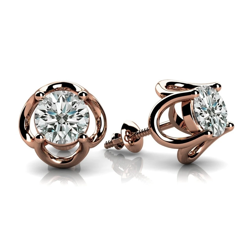 Solid 14k Rose Gold 1 ct D VVS1 Round Cut Open Tulip Stud Earrings