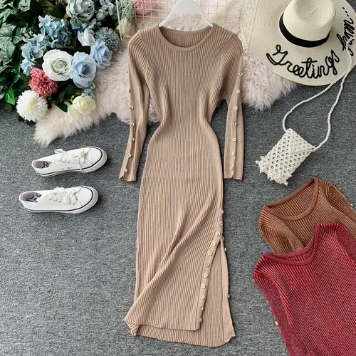 Gagarich Women Dress Autumn Winter New Elegant Korean Solid Color Split O-neck Long Sleeve Stretch Ladies Dresses Vestidos - Цвет: Бежевый