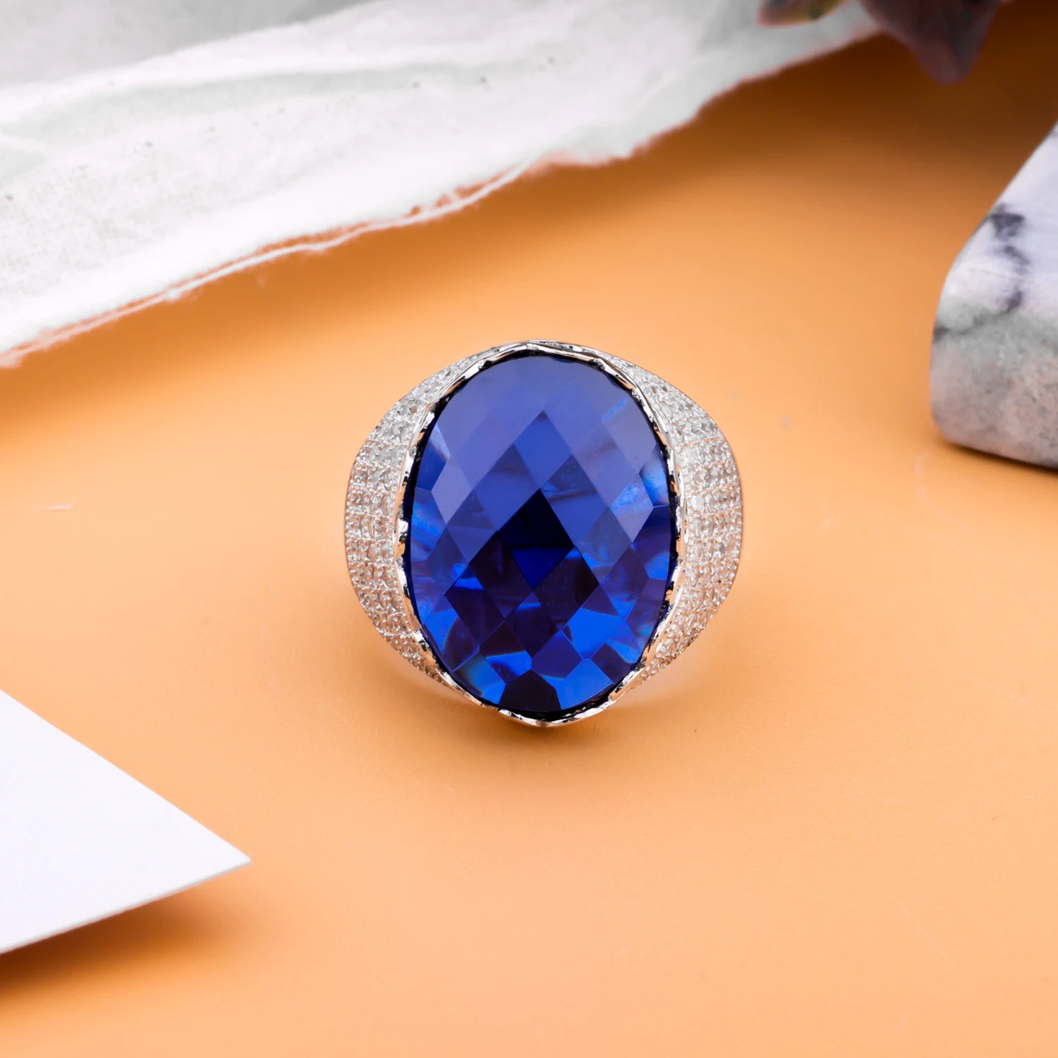MetJakt Vintage Sapphire Ring for Women Handmade Checkerboard Cutting Sapphire Solid 925 Sterling Silver Jewelry