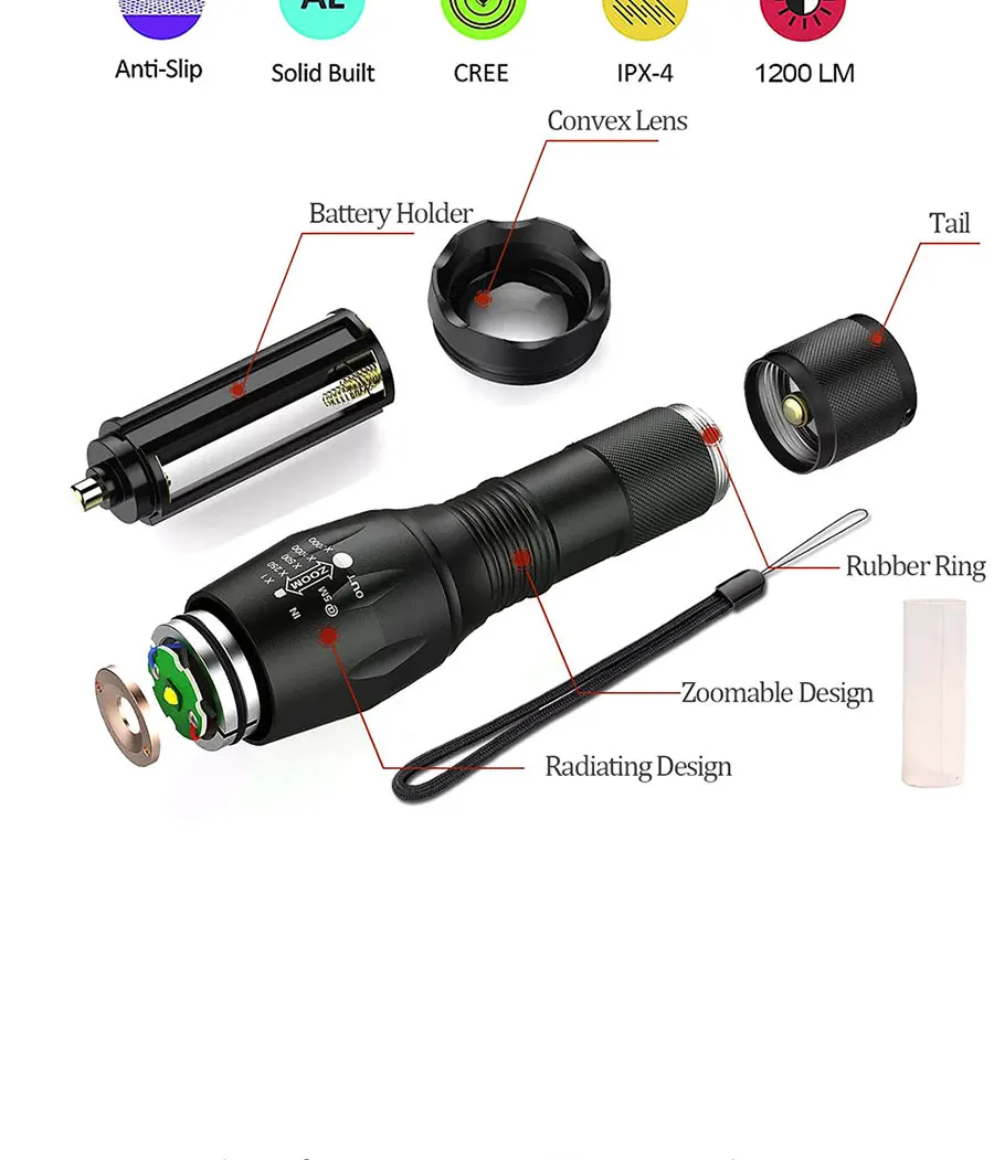High Quality LED Flashlight XML T6 Linterna Torch 1600LM Waterproof Outdoor Camping Powerful Led Flashlights 5 Modes Dimmable (6)