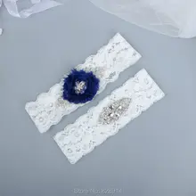 Роскошный, Кристальный, со стразами, расшитый бисером белый кружевной набор подвязок невесты для свадьбы с темно-синим потертым цветком Handmae
