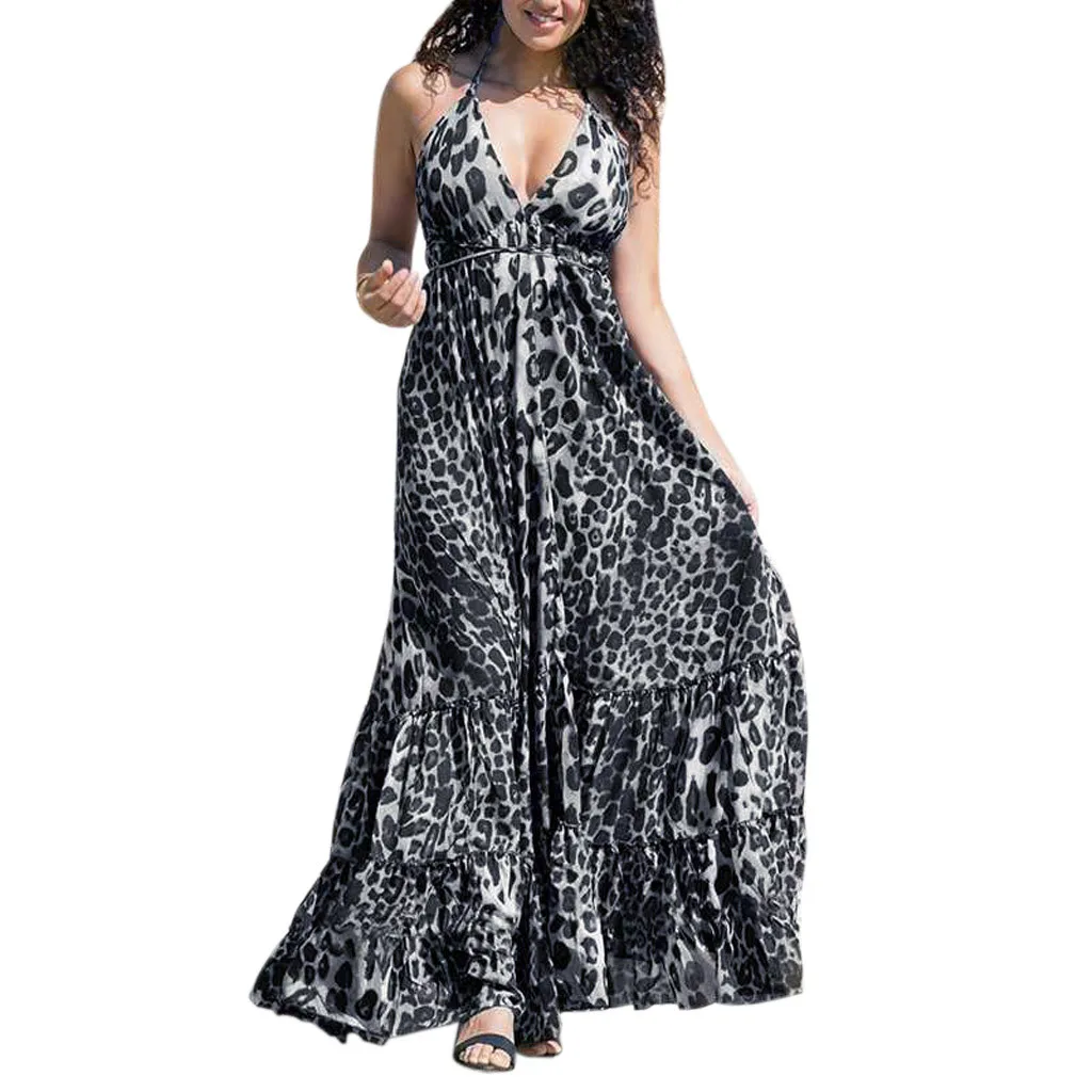 

2019 MAXIORILL New Bohemian Summer Women Spaghetti Strap V Neck Backless Leopard Print Long Maxi Dress платье Wholesale y3