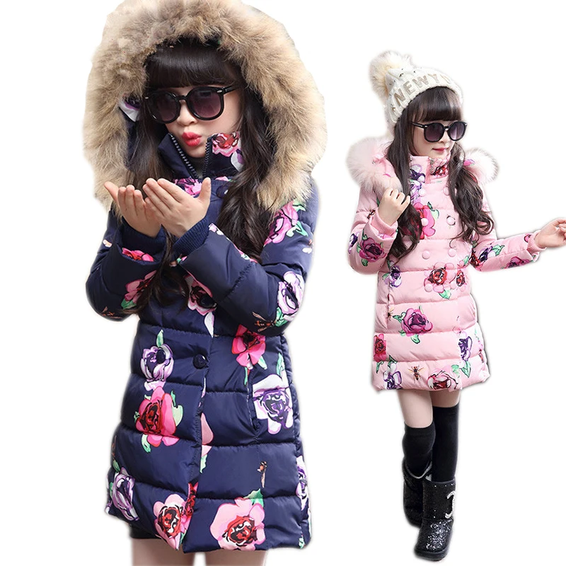 Ceny Dziewczęca kurtka zimowa koreańskie 5 13 letnie dziewczyny puchowe dziewczyny zimowe futrzane kołnierzyki dziecięce parki gorący kwiat wydruku z kapturem