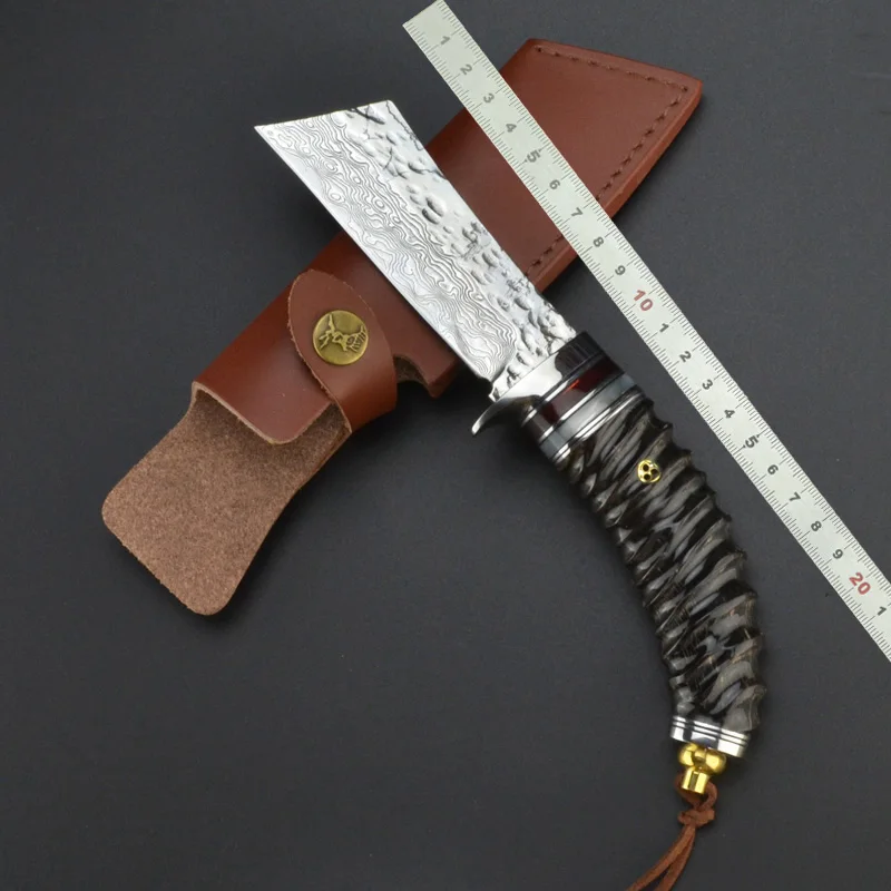 

Custom Handmade Damascus Steel Fixed Blade Hunting Knife with horn handle and leather sheath collection survival outdoor tool