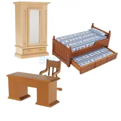Винтаж 1/12 Dollhouse Миниатюрные деревянные Мебель Спальня комплект двухъярусная кровать ящик стол и стул шкаф модель Куклы комнаты Интимные