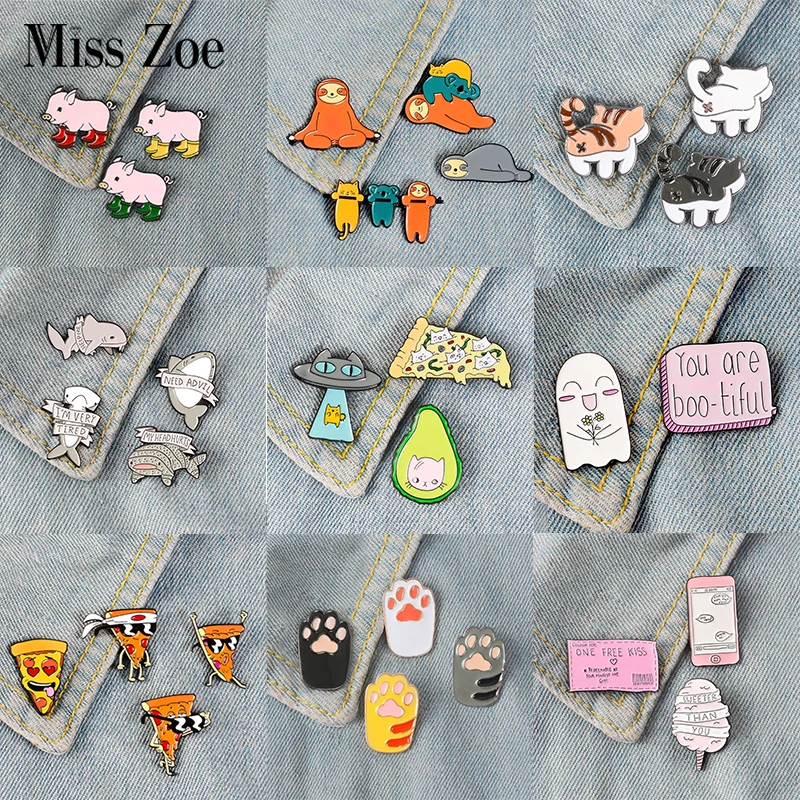 

2~4pcs/set Party Time Enamel Pins Sloth Whale Dog Cat Pig Pizza Brooches Bag Clothes Lapel Pin Badge Cute Cartoon Jewelry Gift