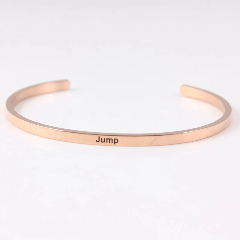 

2018 Rose Gold Stainless Steel Engraved Jump Positive Inspirational Quote Cuff Mantra Bracelet Bangle