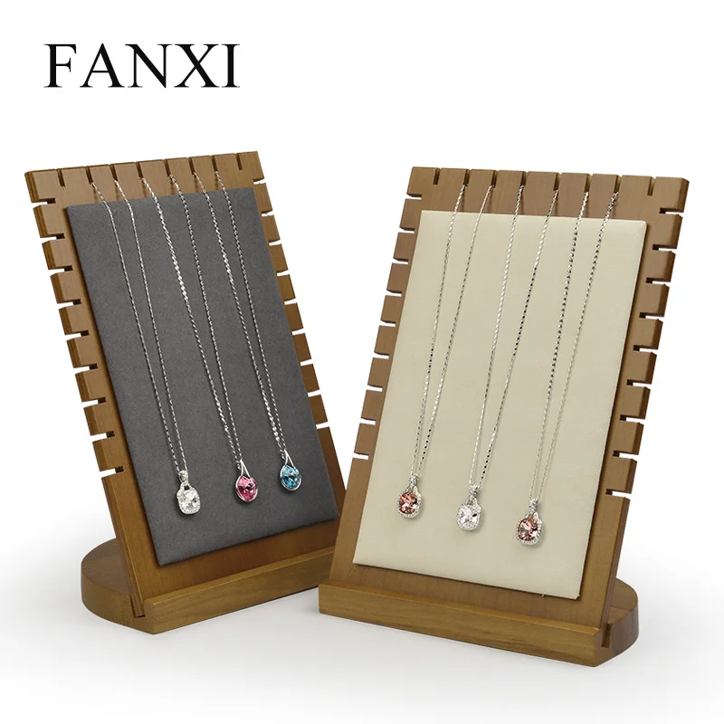 

FANXI Solid Wood Beige/Dark Gray Necklace Display Stand Pendant Display Holder with Microfiber Jewelry Exhibitor Shop Counter