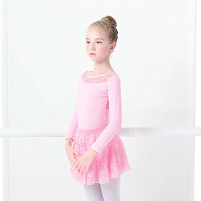 Детское кружевное балетное платье для девочек, черное гимнастическое трико, хлопковое балетное трико, танцевальная одежда для детей - Цвет: Pink Long Sleeve