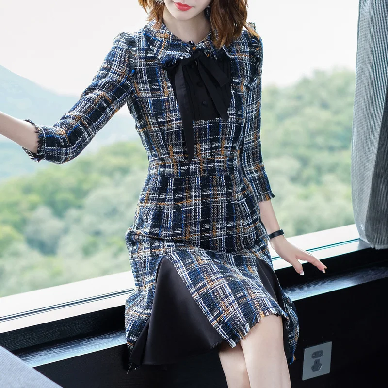

Office Dresses Ladies 2019 Autumn Winter Dress Tweed Bowknot A-Line Dress Gown Elegant Women'S Asymmetric Dresses TA1104