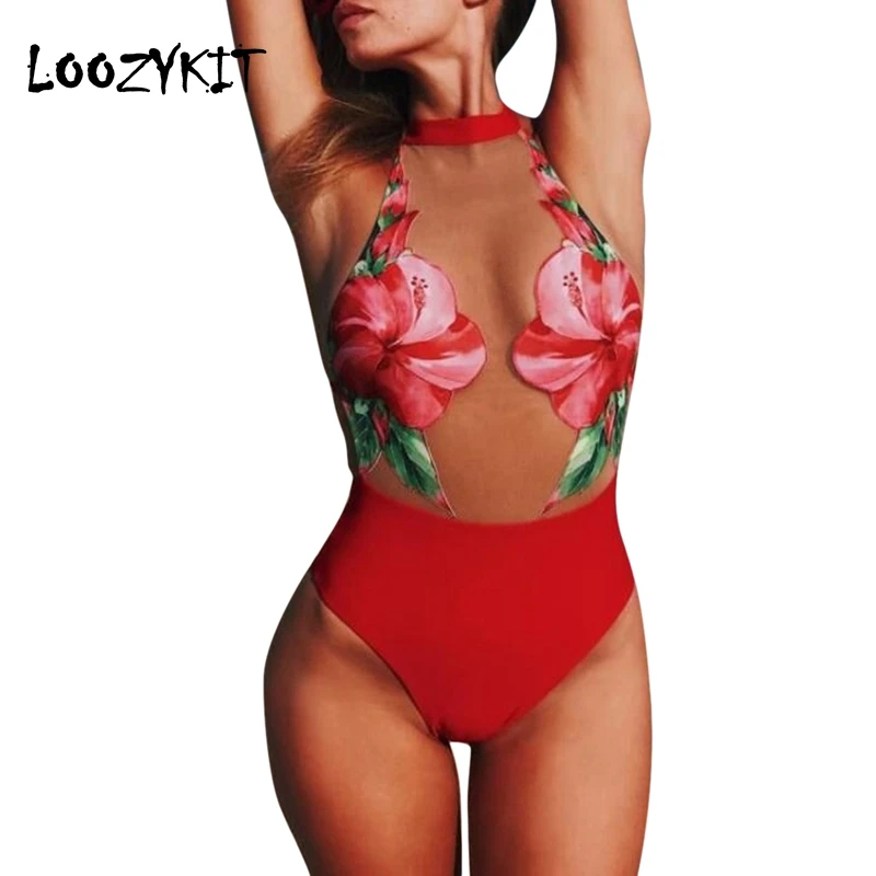 

Loozykit Womens High Waist Swimsuit One Piece Swimwear Bandage Push Up Padded Bra Halter Floral Stitching Mesh Mujer Biquini