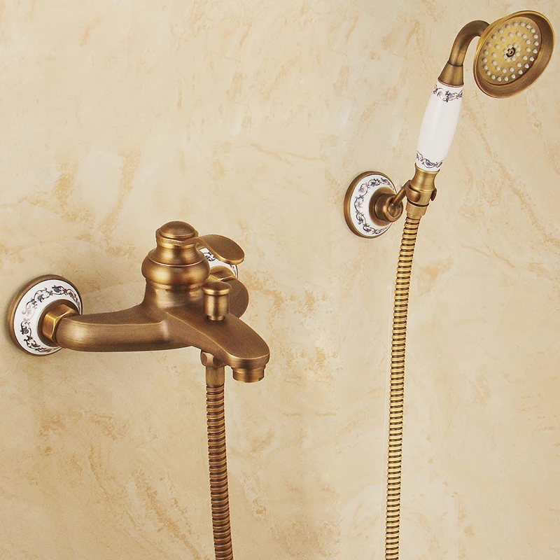 

European Style Antique Retro Carved Bathroom Shower Faucet Brass Luxury Shower Set with Hand Shower Antique Bathtub Crane