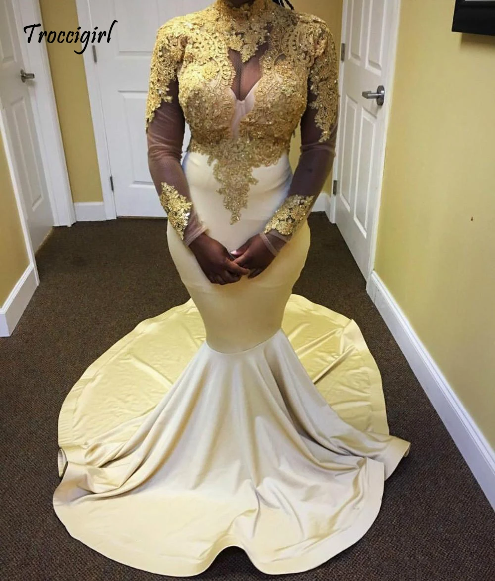 29-1            2017 High Neck Ivory and Gold Mermaid Long Sleeve Prom Dress Black Girls African Formal Evening Party Gown Custom Made Plus Size