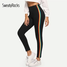 SweatyRocks, фитнес, черные, радужные, по бокам, обтягивающие леггинсы, эластичная талия, женские эластичные штаны для тренировок,, Осенние, повседневные Леггинсы