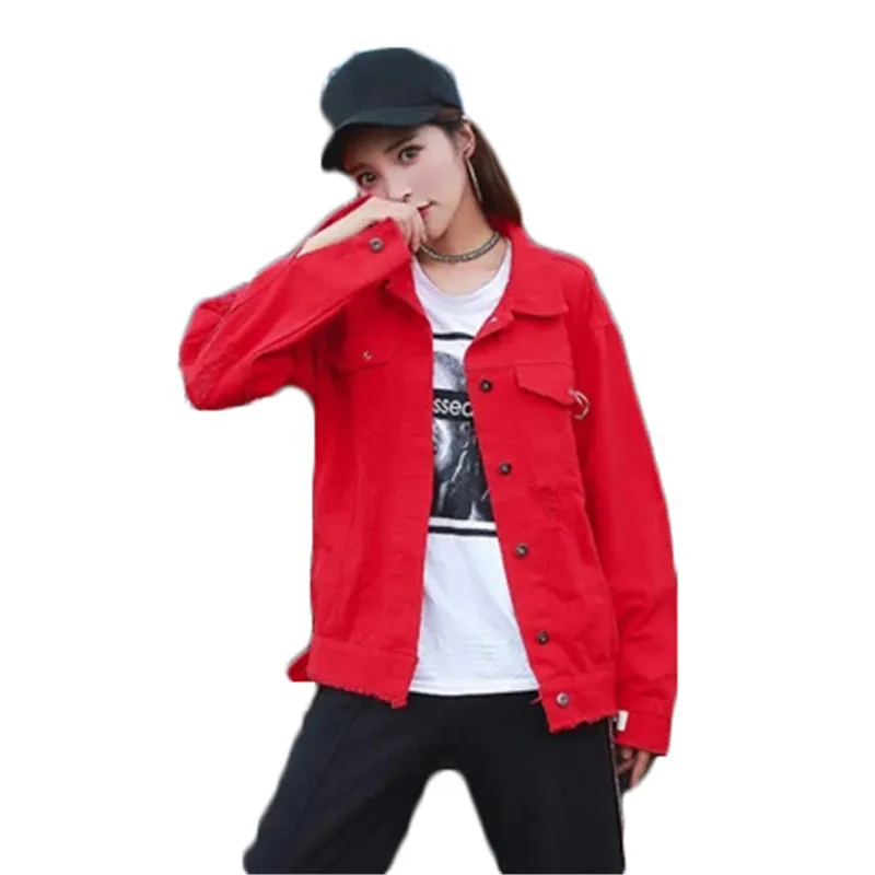  Spring Hole  Female Korean Version Of The Loose Baseball Uniform College Wind Solid Color Female Large Size Denim Jacket W13