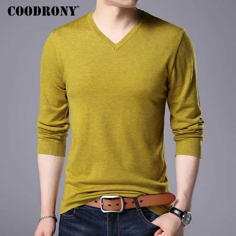 COODRONY кашемировый мужской свитер, брендовая одежда, Осень-зима, толстые теплые шерстяные свитера, Одноцветный пуловер с v-образным вырезом, рубашки 7153 - Цвет: Цвет: желтый