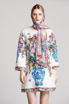 

High quality floral print loose trench coat Fashion 2017 Fall runways elegant windbreak coat British manor loose coat