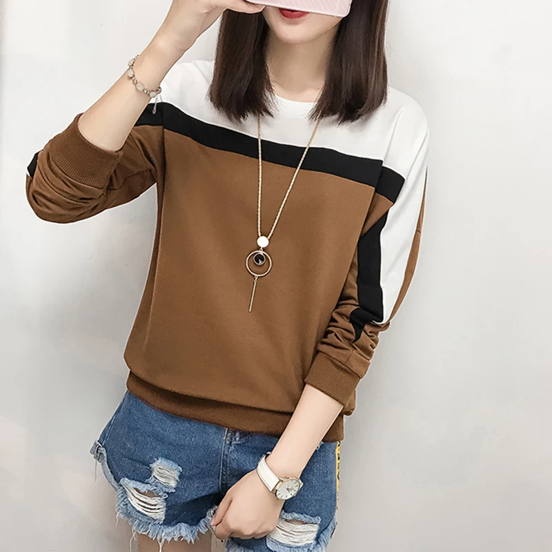 

Patchwork Hit Color T Shirt Women T-Shirts 2022 Winter Tops Long Sleeve Casual Clothes Woman Loose Camiseta Mujer Vetement Femme