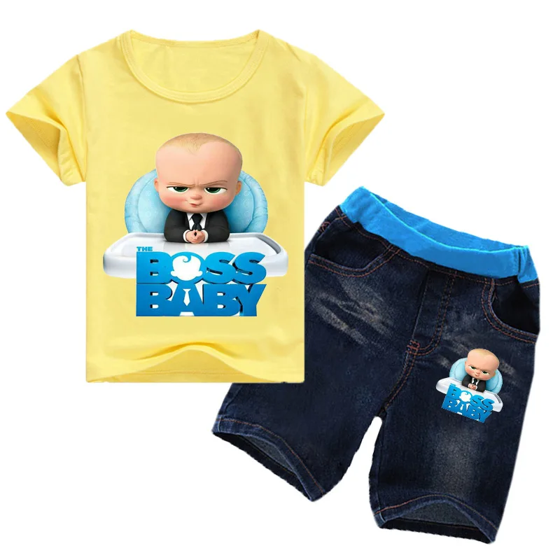 

2-16Years 2019 Summer Boss Baby T-shirt Jeans Denim Shorts 2pcs Set Kids Clothes Sets Toddler Girls Summer Clothing Boys Suits