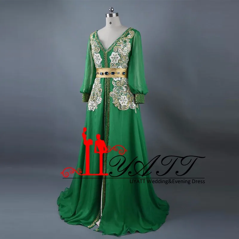 Moroccan Caftan Kaftans Green Evening Dress Long Sleeve Arabic Abaya ...