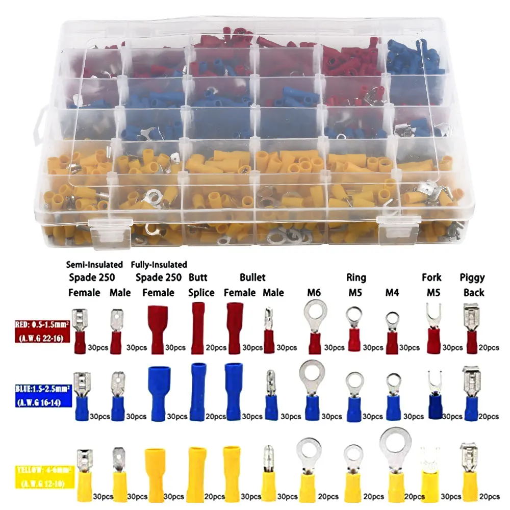 

900pcs/lot Crimp Connector cooper Spade Connectors Male/Female Spade Ferrules kit Wire Copper Insulated Cord Pin End Terminal