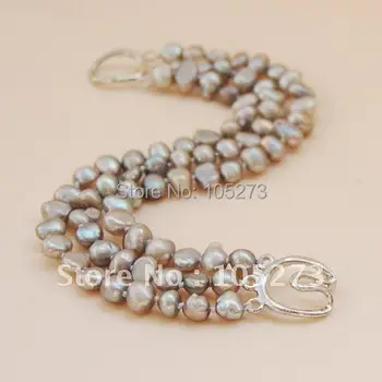 

7-8MM Potato Freshwater Light Gray Pearl 3Rows Toggle Bracelet 7.5'inchs Fashion Pearl Bracelet Wholesale Free Shipping FN2269