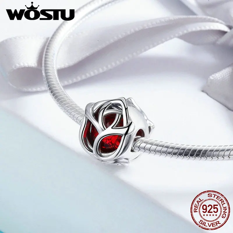 Kaufen WOSTU Neue Echtem 925 Sterling Silber Romantische Rote Kristall Durchbrochene Rose Perlen Für Mode Original Frauen Charme Armband CQC568