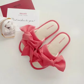 

New Women Spring Summer Home Slippers Big Bowknot Non-slip House Bedroom Floor Slippers Female Flat Slipper Indoor Shoes