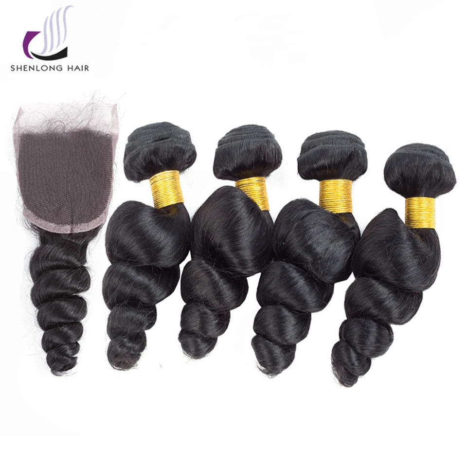 SHENLONG HAIR Brazilian 100% Human Hair Loose Wave 5 Pcs Non Remy Natural Color 4 Bundles With 4*4 Lace Closure 8-26 Inch