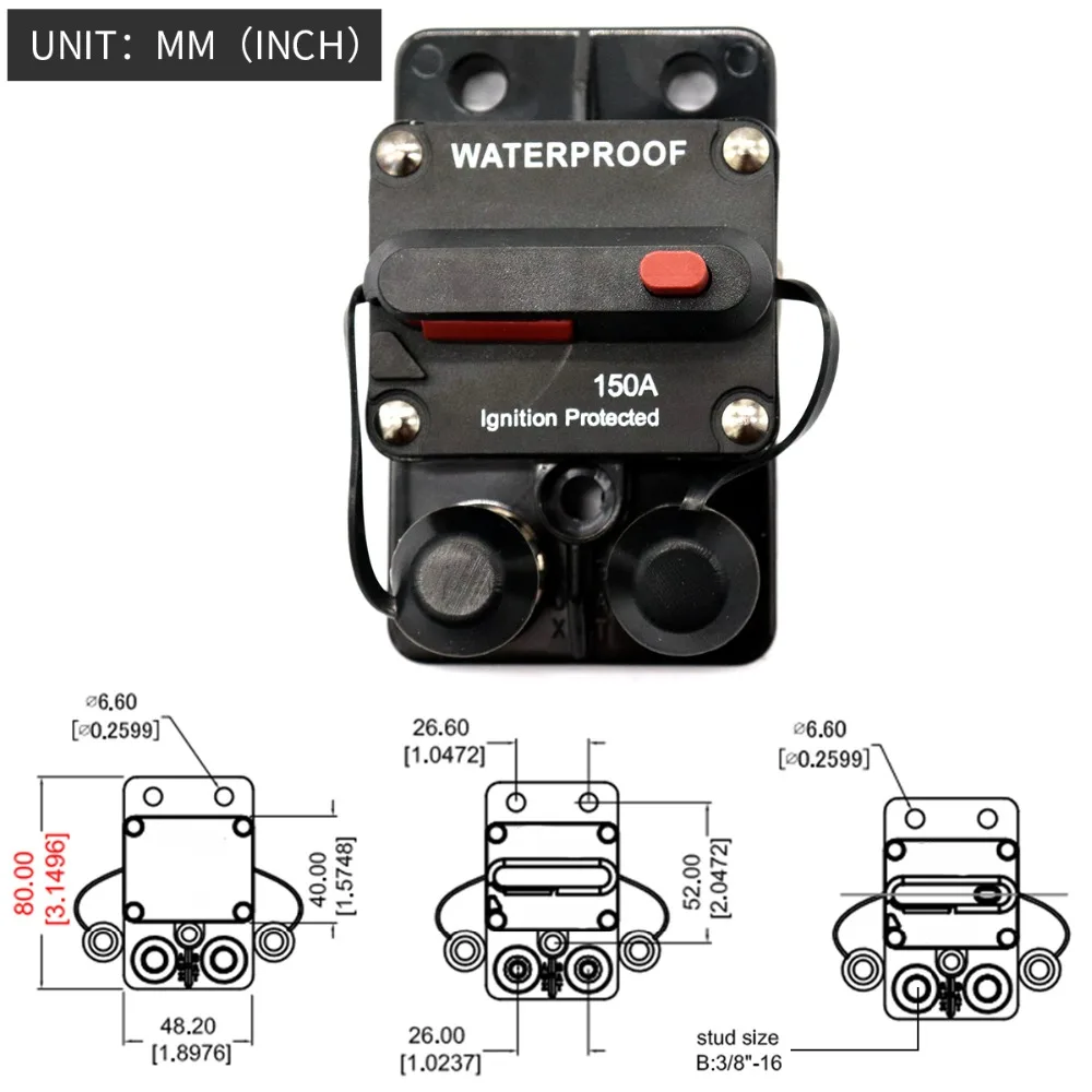 

150 Amp Circuit Breaker Trolling with Manual Reset, 12V- 48V DC, Waterproof