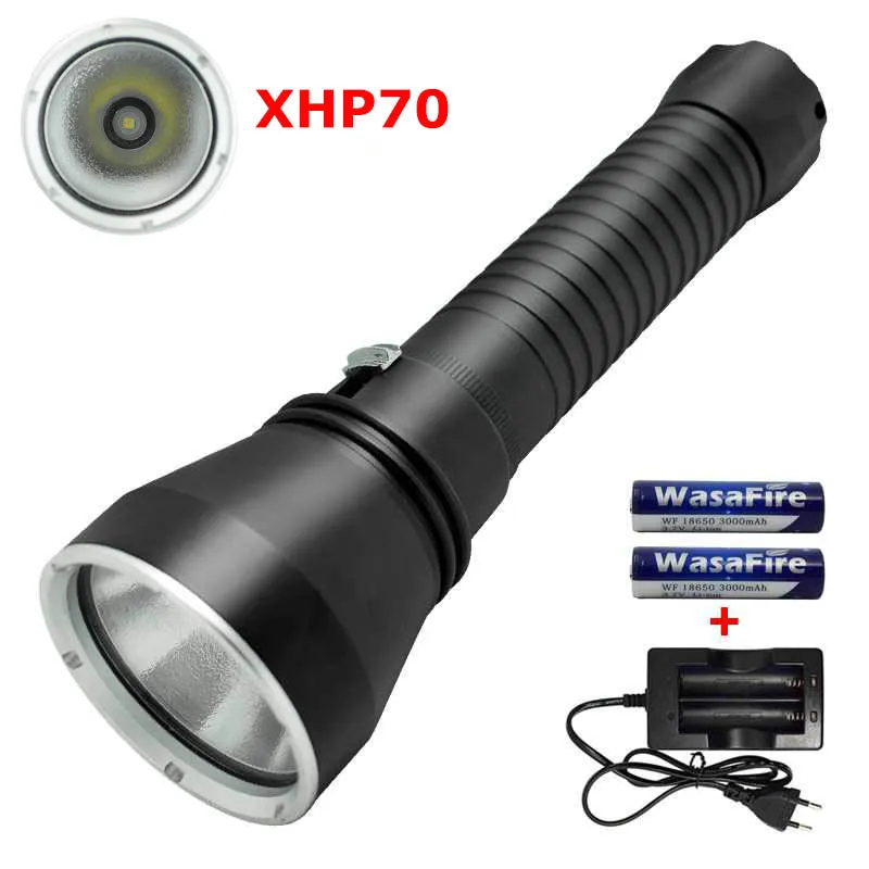

Super Bright XHP70 LED Powerful White Light 5000 Lumens Diving Flashlight Tactical 26650/18650 Torch Underwater 130M Waterproof