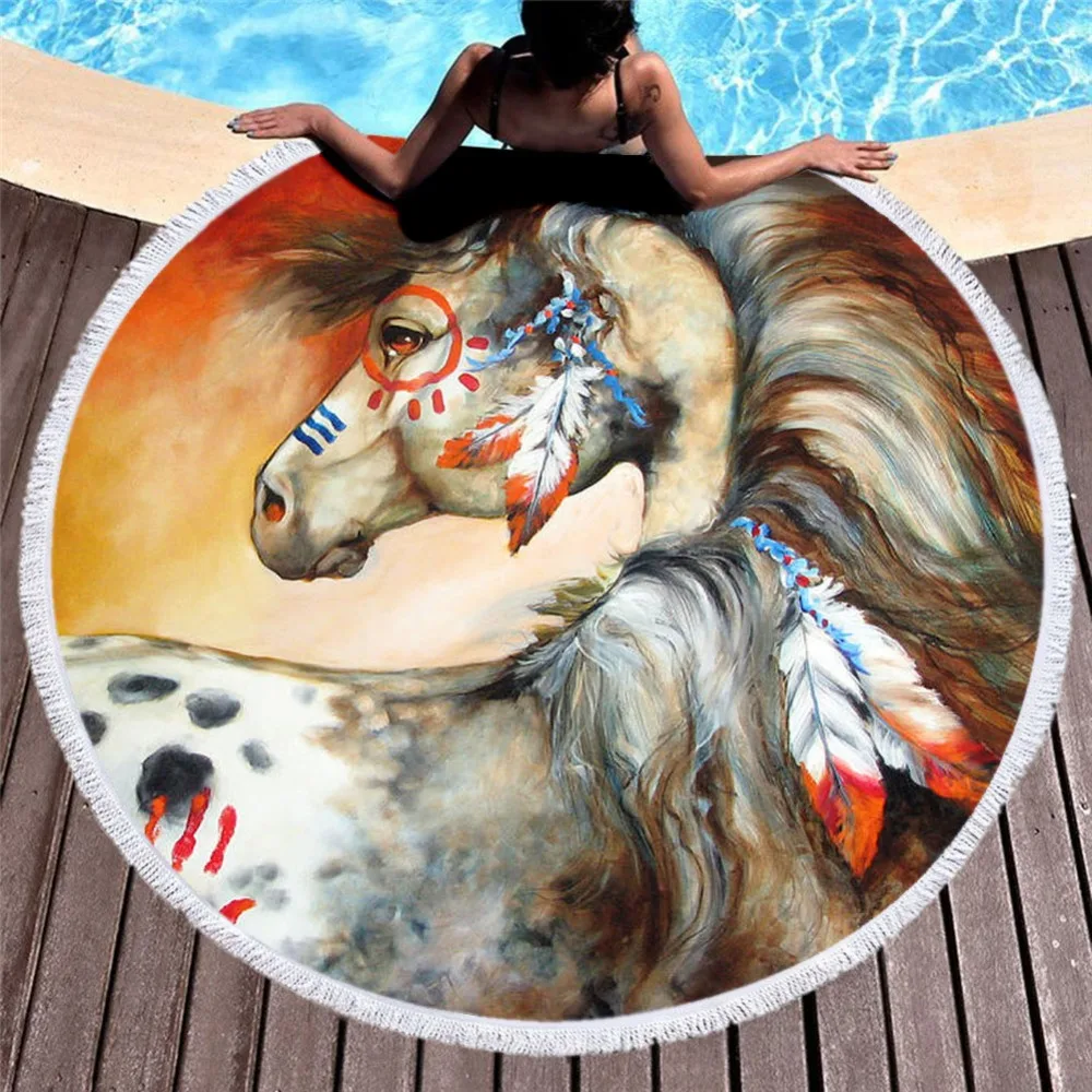 

Art Horse Colorful Painting Women Bath Towel for Beach Thick Round 3d print Fabric Quick Compressed Towel new style-7