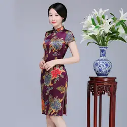 Лидер продаж фиолетовый Женский Cheongsam элегантный печатных воротник-стойка Китайский классический короткое платье; шелк тонкий Qipao