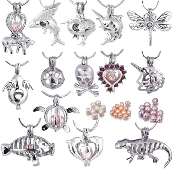 

Hot Sale Fashion Pearl Pendant ,Oyster with Rice Pearl and Chain Wish Pearl 14 New Animal Mix Styles Pearl Cage Pendant Set P006
