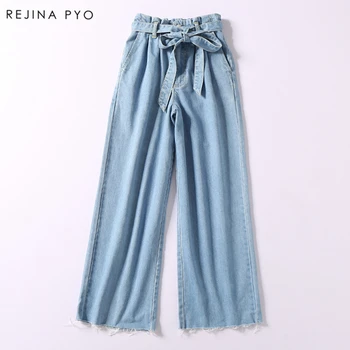 

BIAORUINA 2019 Spring New Arrival Women Casual Blue Wide Leg Pant High Sashes Waist Tassel Bottom Denim Trousers