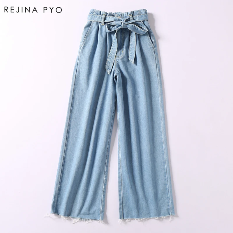 

REJINAPYO 2019 Spring New Arrival Women Casual Blue Wide Leg Pant High Sashes Waist Tassel Bottom Denim Trousers