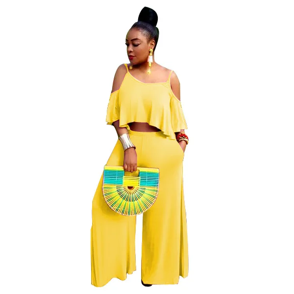 

Elegant Cold Shoulder Ruffles Women Set Casual Strapless Crop Top With Long Pants Two Piece Set Sexy Loose O Neck Women Outfit