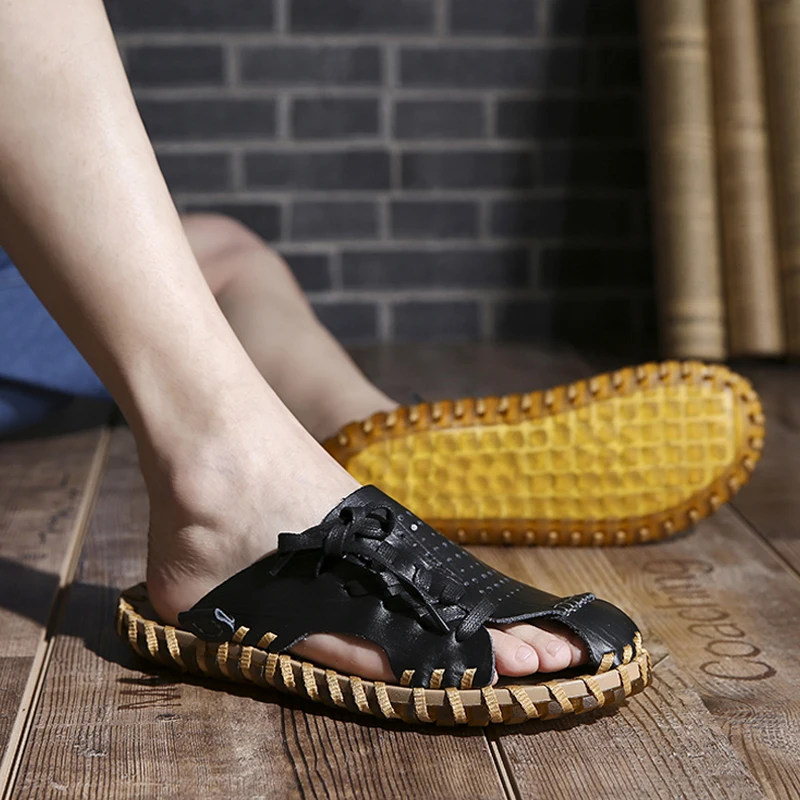 

summer men's slippers Men Breathable Beach Slippers Shoes breathable handmade sewing Male Fashion Casual Non-slip shoes men L5