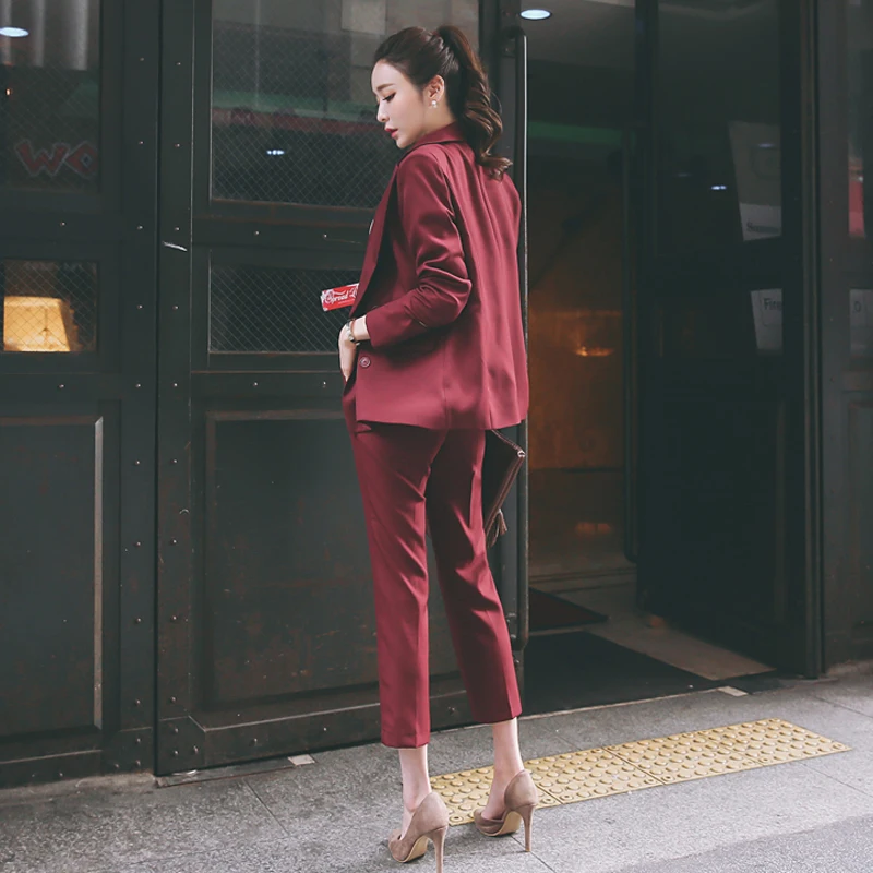 Осенний винно-Красный Блейзер Костюмы деловые комплекты из двух предметов Корейская Офисная Женская куртка с брюками офисные женские брюки костюм черный