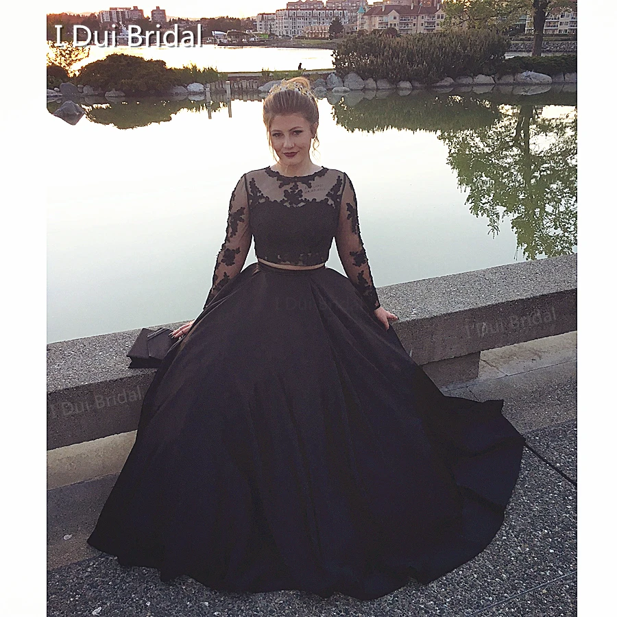 Graduation Dresses Crop Top Black Lace Two Piece Illusion Long Sleeve