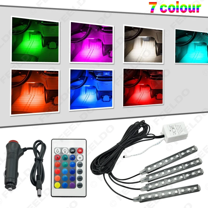FEELDO 4 шт./компл. интерьер автомобиля декоративный RGB Светодиодные полосы света атмосферная лампа комплект лампа нижнего освещения с 24 клавишами дистанционного управления#4567