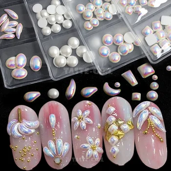 

6 Grids/Pack Mix Sizes Shapes White AB Round Square Pearls Nail Art Jewelry Rhinestones Decorations Gem Manicure Design DIY